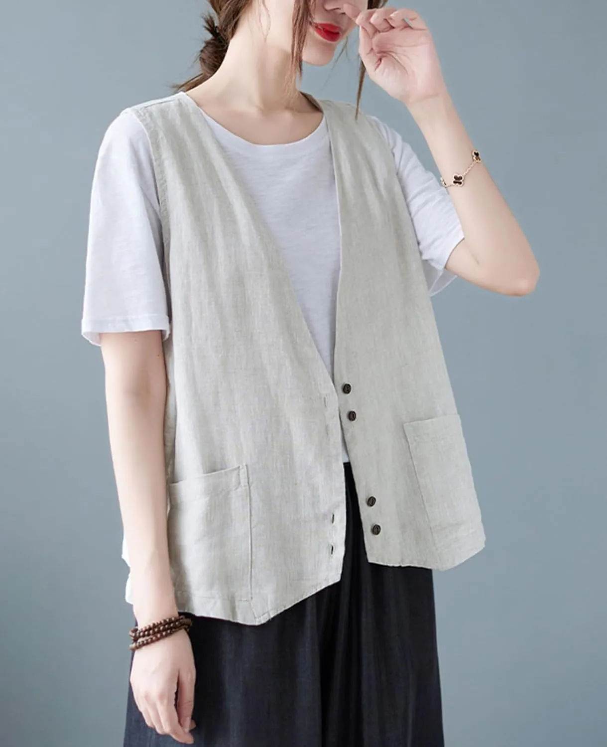 Womens Linen Vest Casual Button Down Sleeveless V Neck Blazer Lightweight Jacket Waistcoat Vest with Pocket