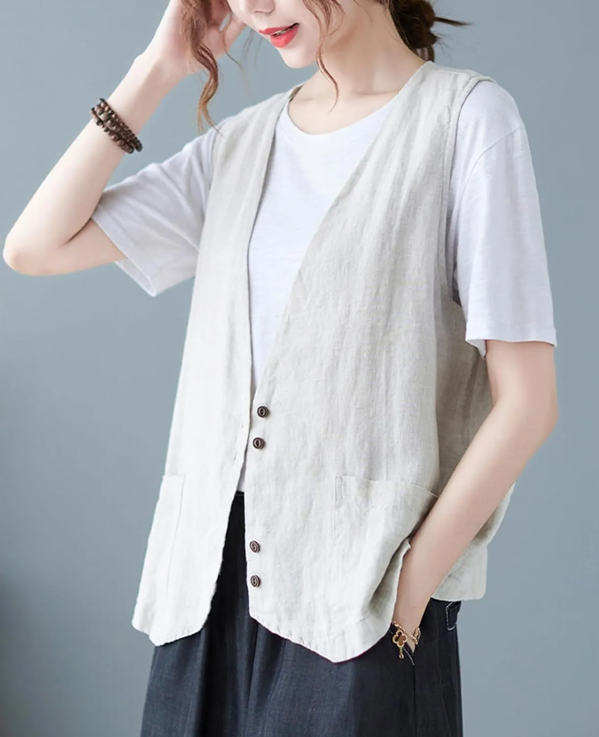 Womens Linen Vest Casual Button Down Sleeveless V Neck Blazer Lightweight Jacket Waistcoat Vest with Pocket