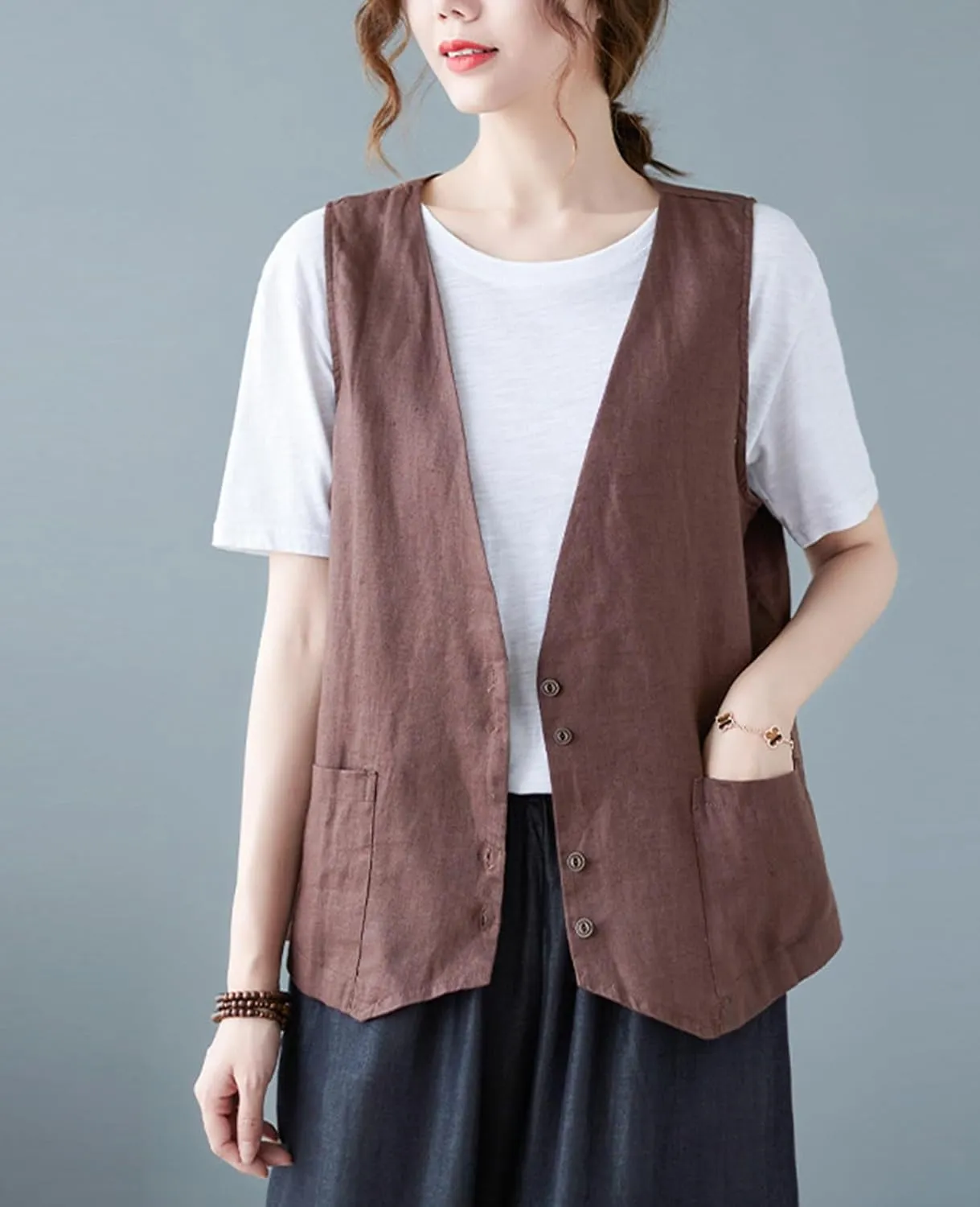 Womens Linen Vest Casual Button Down Sleeveless V Neck Blazer Lightweight Jacket Waistcoat Vest with Pocket