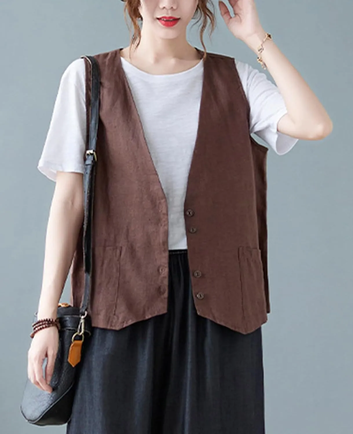 Womens Linen Vest Casual Button Down Sleeveless V Neck Blazer Lightweight Jacket Waistcoat Vest with Pocket