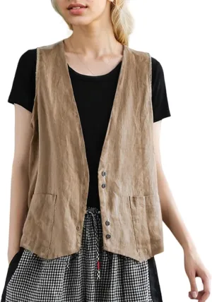 Womens Linen Vest Casual Button Down Sleeveless V Neck Blazer Lightweight Jacket Waistcoat Vest with Pocket