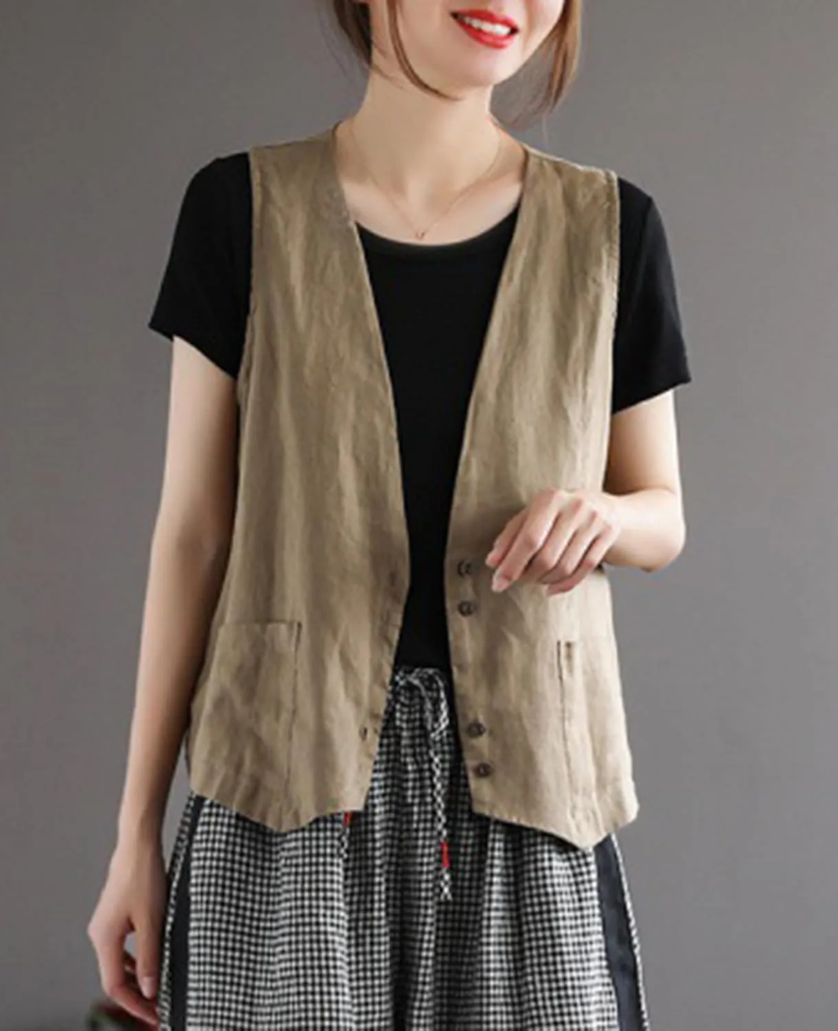 Womens Linen Vest Casual Button Down Sleeveless V Neck Blazer Lightweight Jacket Waistcoat Vest with Pocket