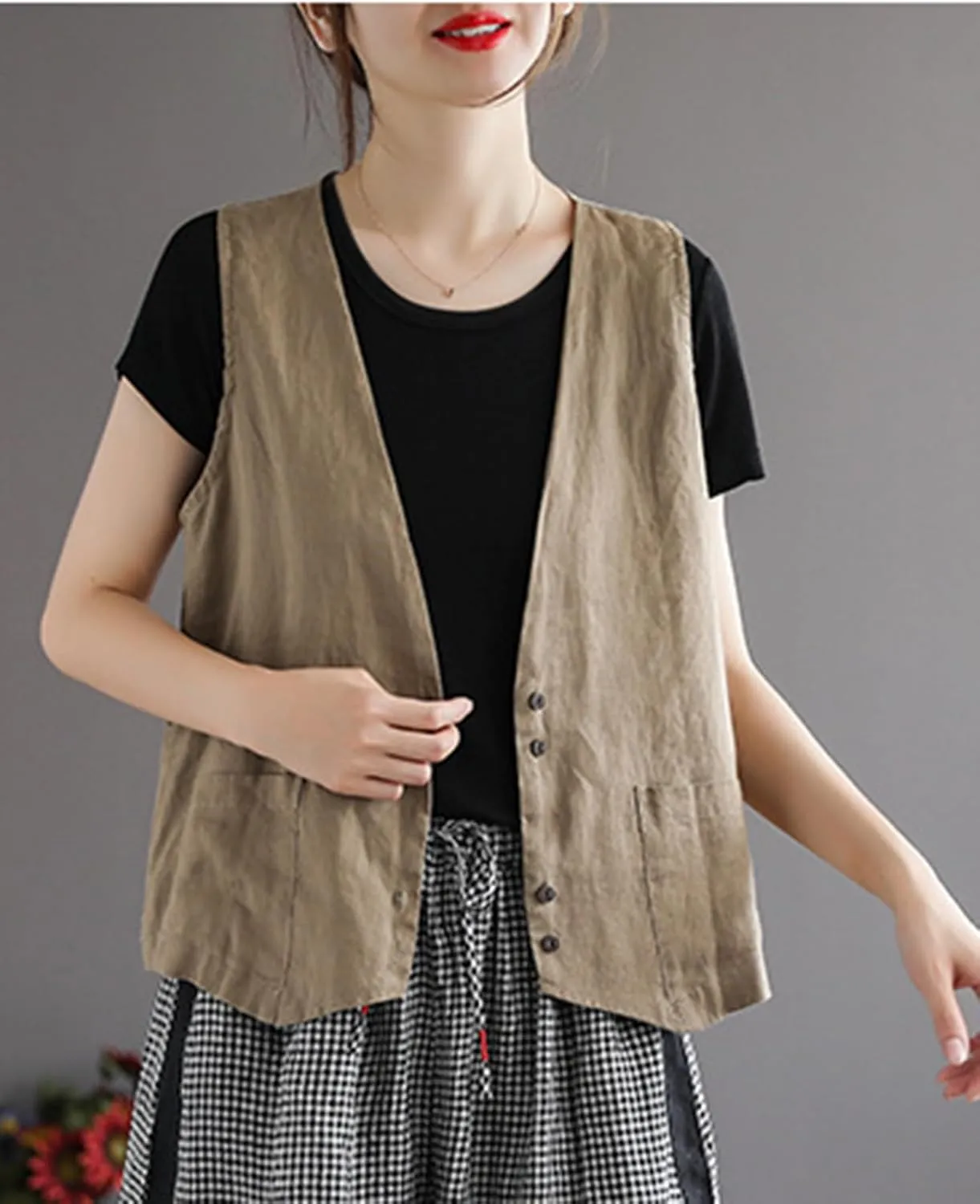 Womens Linen Vest Casual Button Down Sleeveless V Neck Blazer Lightweight Jacket Waistcoat Vest with Pocket