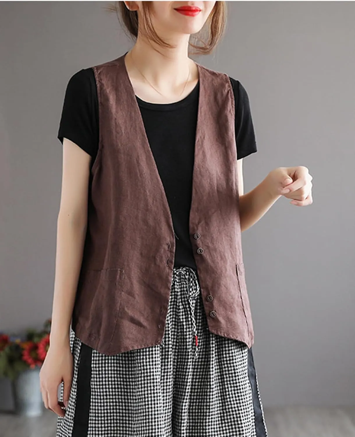 Womens Linen Vest Casual Button Down Sleeveless V Neck Blazer Lightweight Jacket Waistcoat Vest with Pocket
