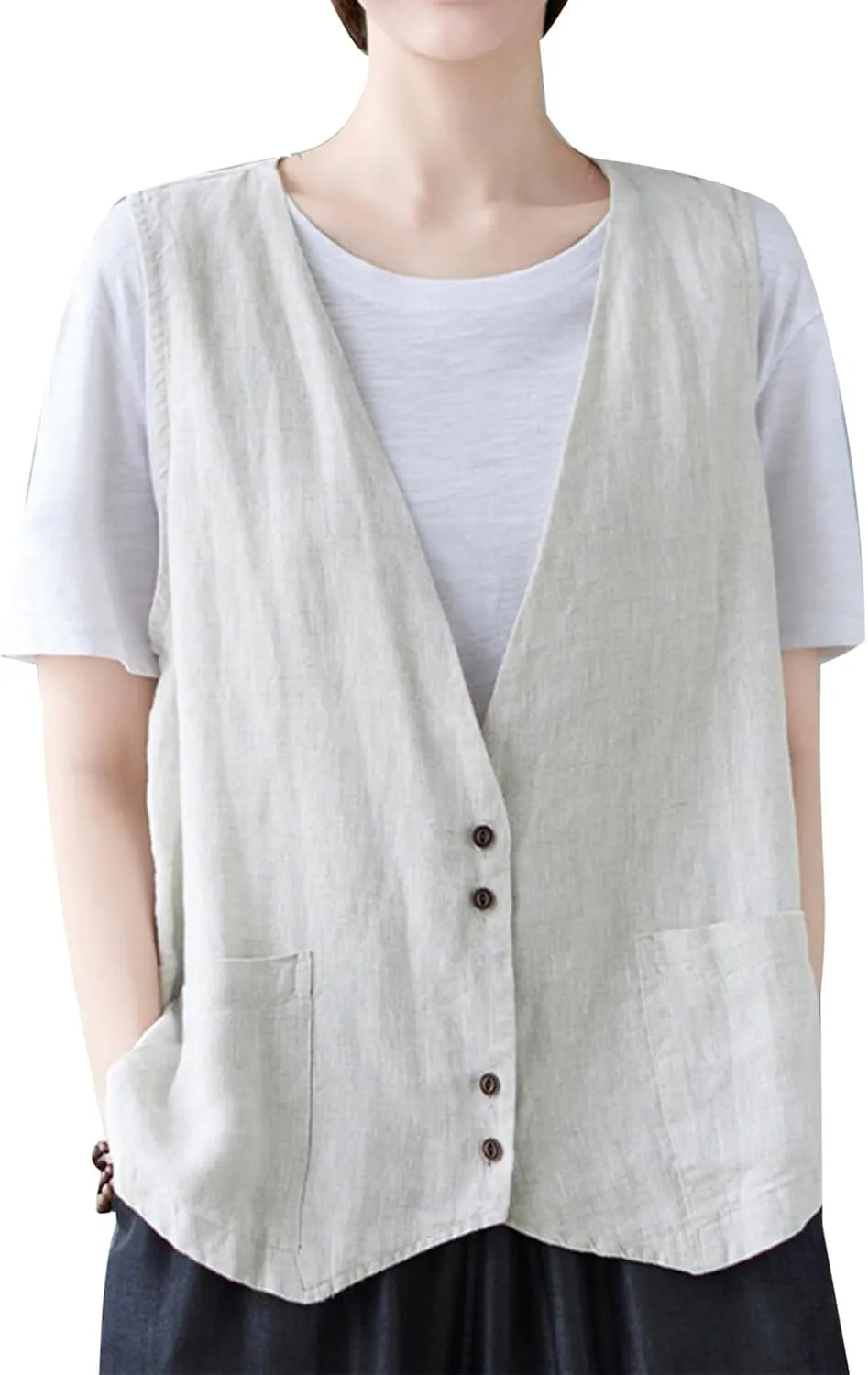 Womens Linen Vest Casual Button Down Sleeveless V Neck Blazer Lightweight Jacket Waistcoat Vest with Pocket