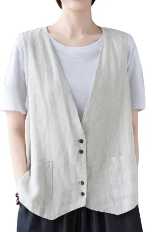 Womens Linen Vest Casual Button Down Sleeveless V Neck Blazer Lightweight Jacket Waistcoat Vest with Pocket