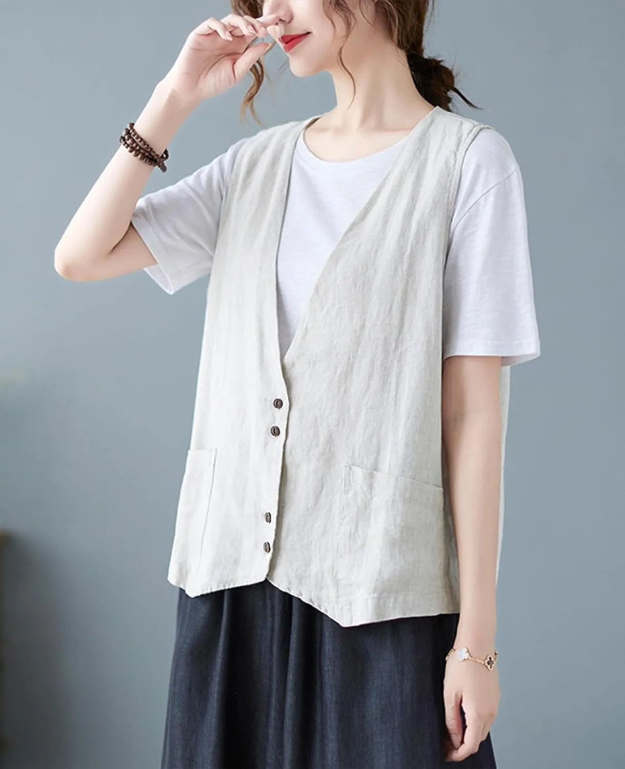 Womens Linen Vest Casual Button Down Sleeveless V Neck Blazer Lightweight Jacket Waistcoat Vest with Pocket