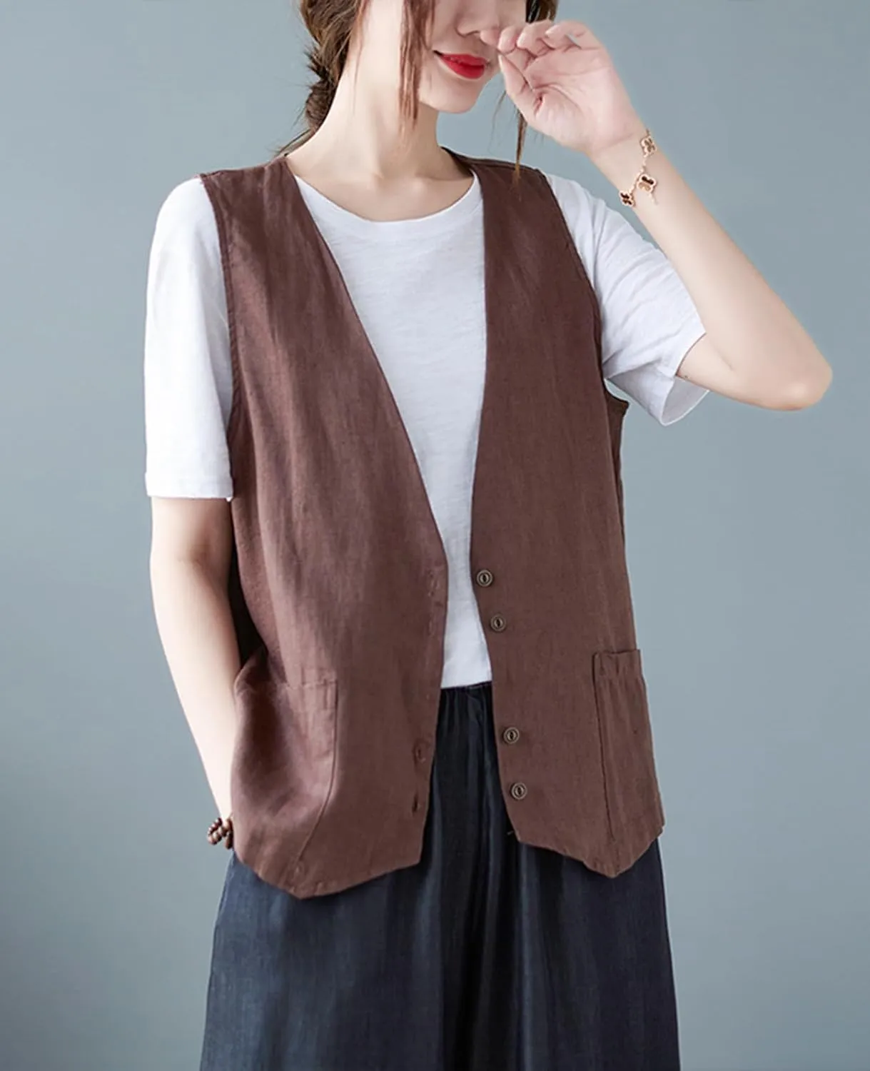 Womens Linen Vest Casual Button Down Sleeveless V Neck Blazer Lightweight Jacket Waistcoat Vest with Pocket