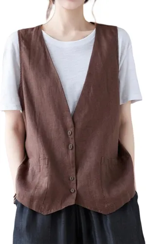 Womens Linen Vest Casual Button Down Sleeveless V Neck Blazer Lightweight Jacket Waistcoat Vest with Pocket
