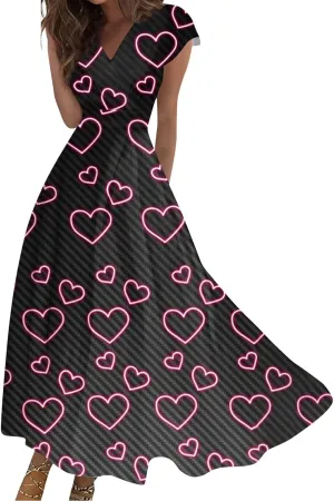 Women's Long Casual Dress Spring Summer Short Sleeve V-Neck Waist Retraction Printed Dress Fashion