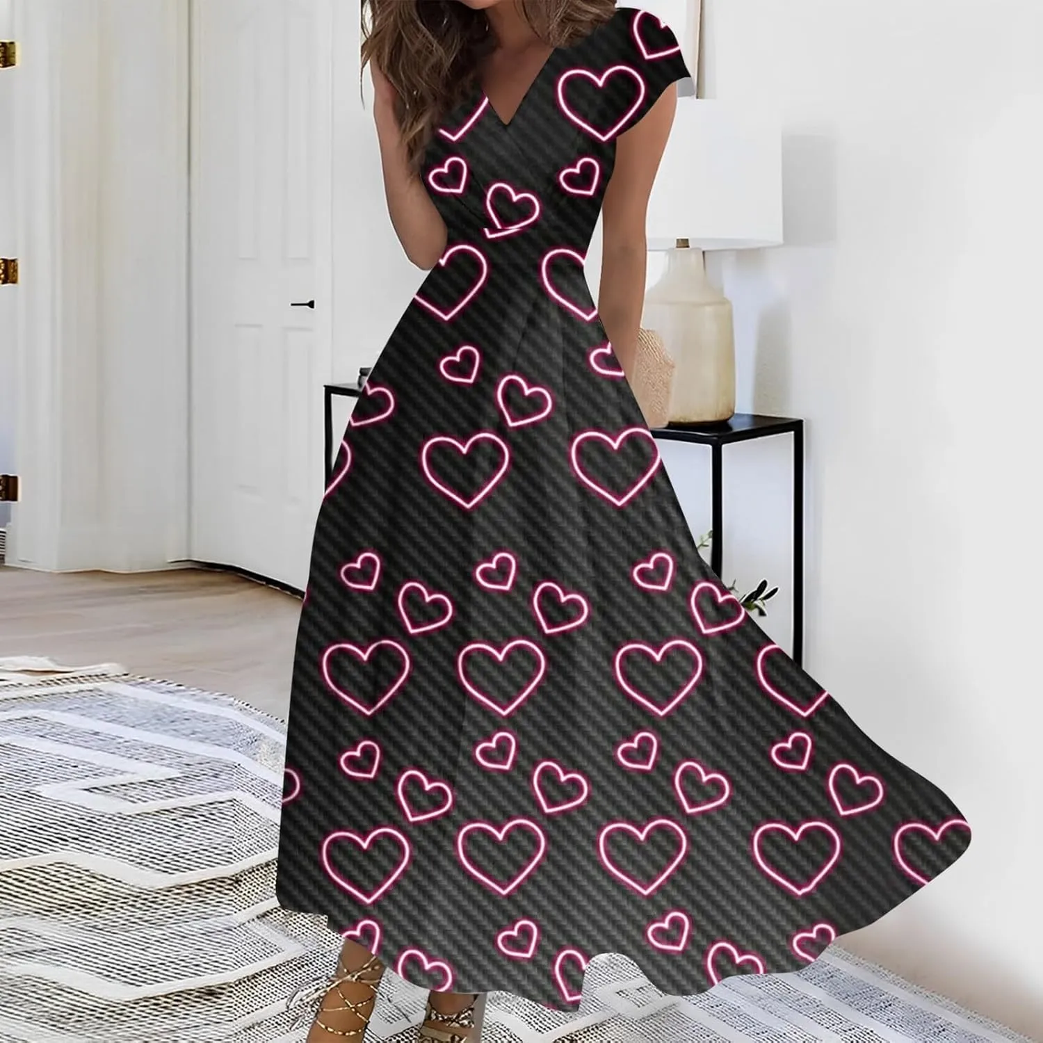 Women's Long Casual Dress Spring Summer Short Sleeve V-Neck Waist Retraction Printed Dress Fashion