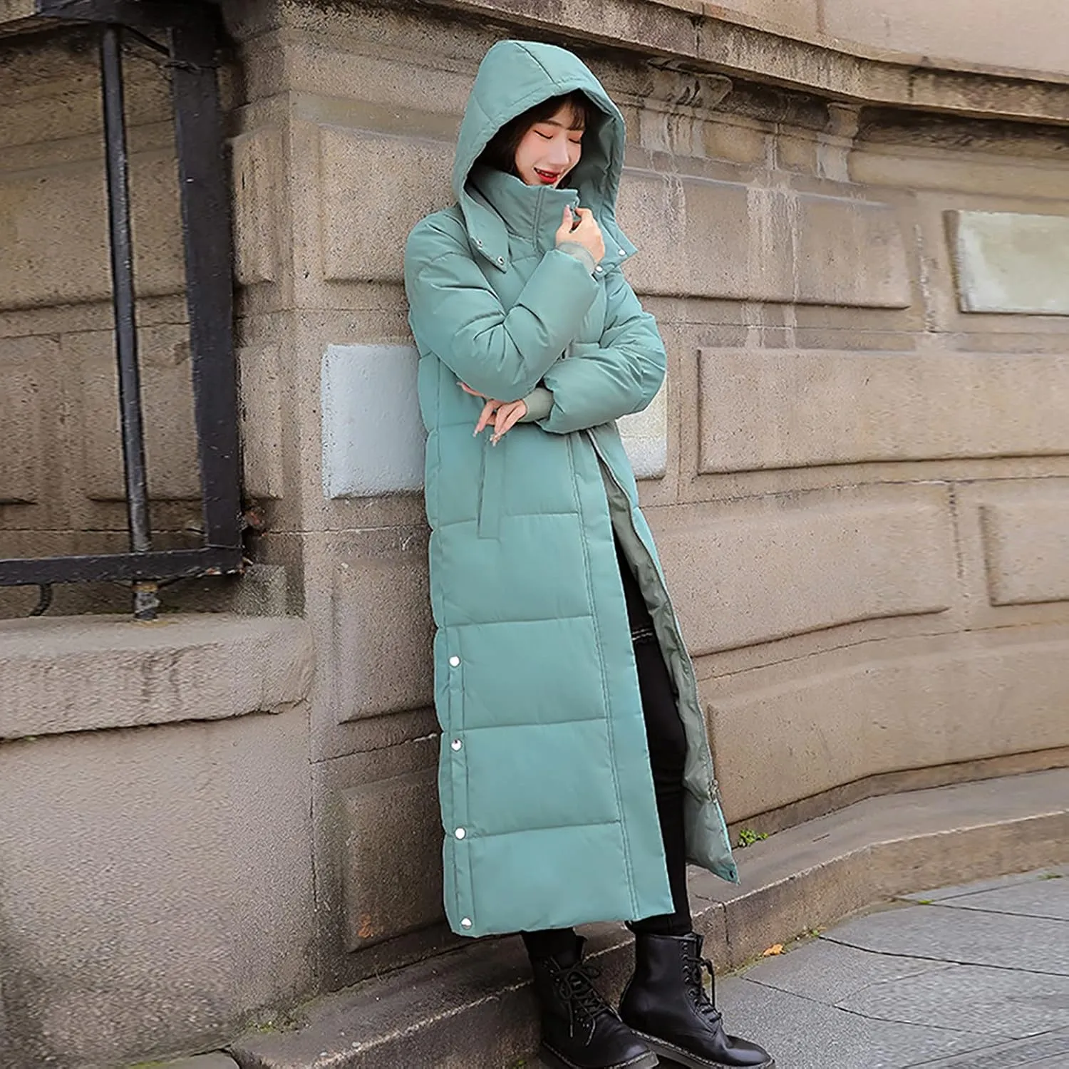Womens Long Hood Puffer Jackets Winter Warm Down Coats Thicken Button Side Split Quilted Lightweight Jackets Outerwear