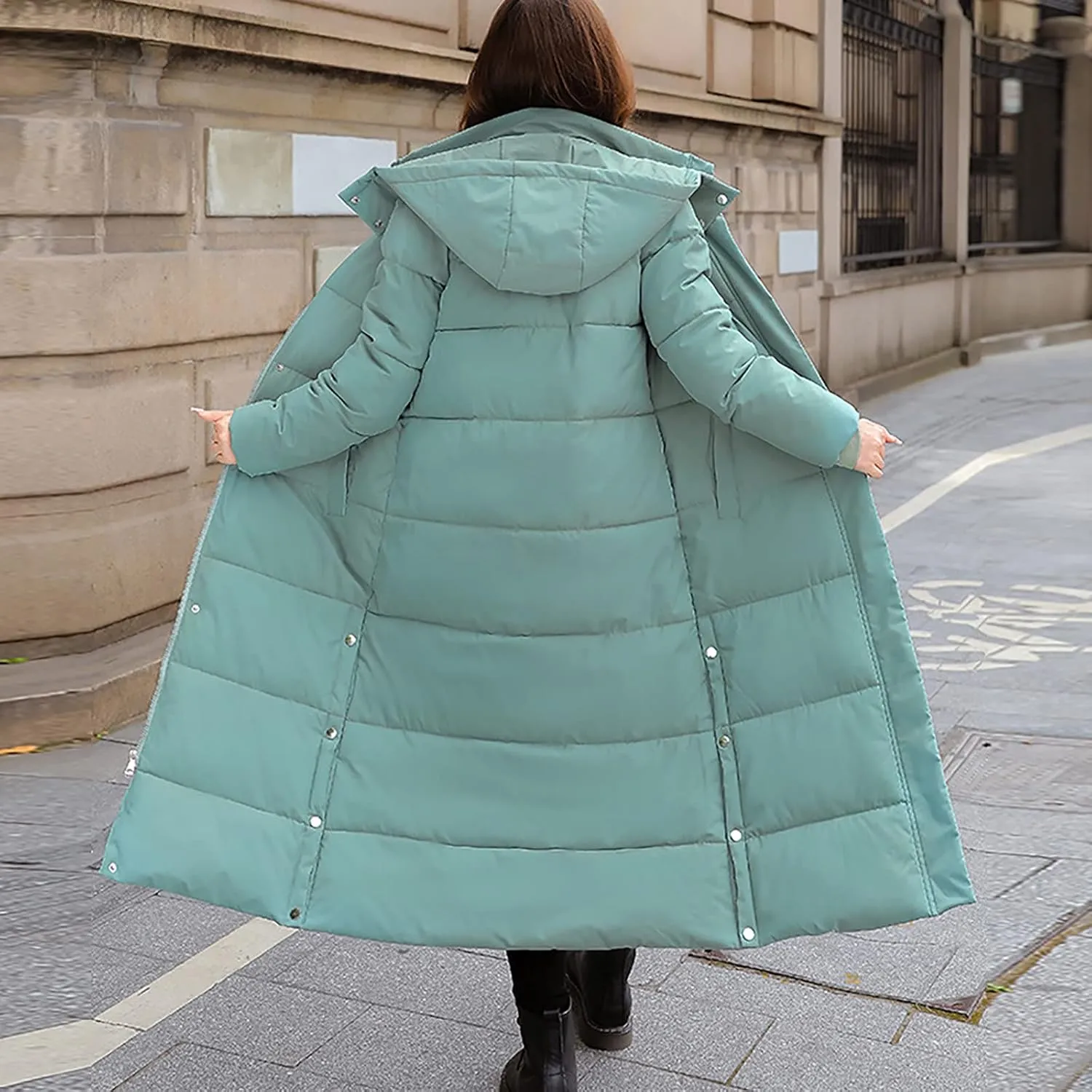 Womens Long Hood Puffer Jackets Winter Warm Down Coats Thicken Button Side Split Quilted Lightweight Jackets Outerwear