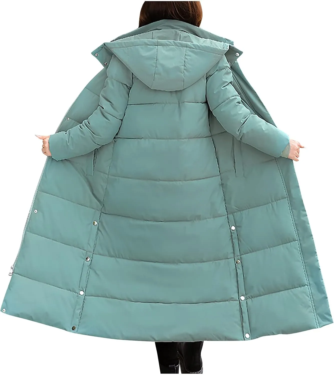 Womens Long Hood Puffer Jackets Winter Warm Down Coats Thicken Button Side Split Quilted Lightweight Jackets Outerwear