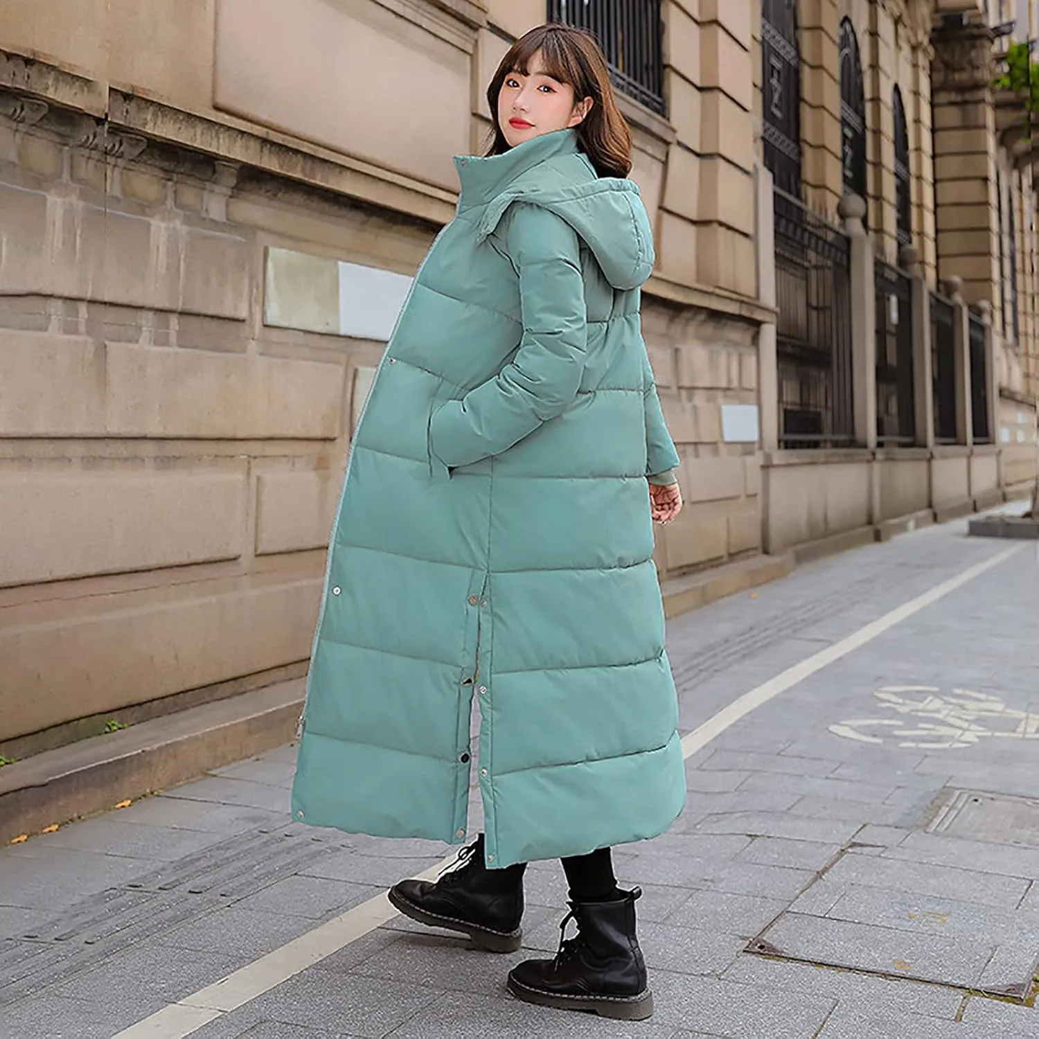Womens Long Hood Puffer Jackets Winter Warm Down Coats Thicken Button Side Split Quilted Lightweight Jackets Outerwear