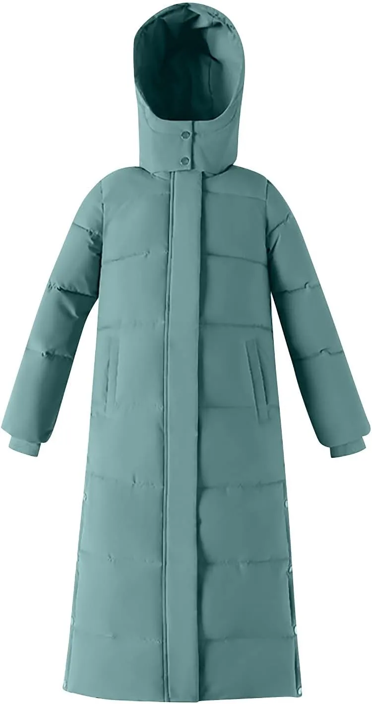 Womens Long Hood Puffer Jackets Winter Warm Down Coats Thicken Button Side Split Quilted Lightweight Jackets Outerwear