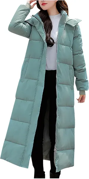 Womens Long Hood Puffer Jackets Winter Warm Down Coats Thicken Button Side Split Quilted Lightweight Jackets Outerwear
