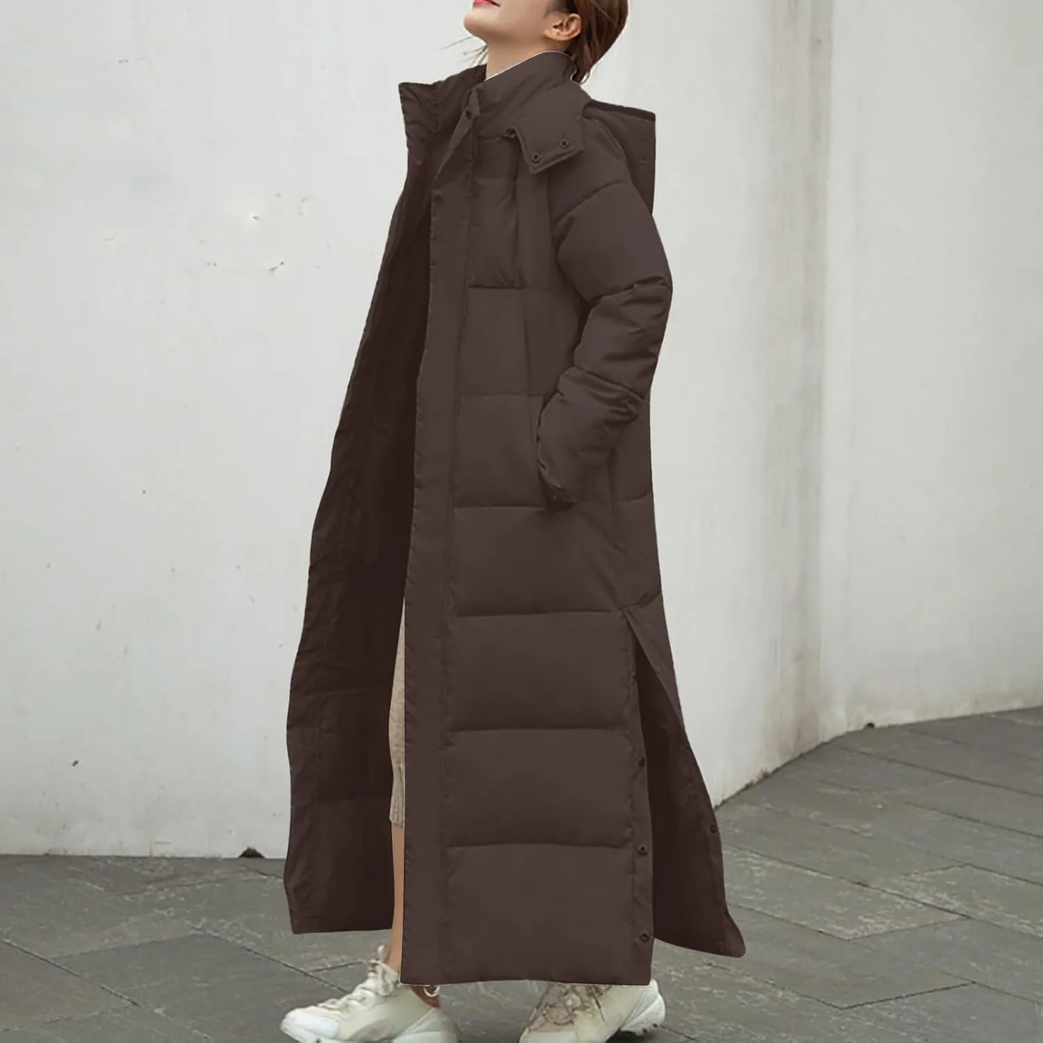 Women's Long Hooded Puffer Jacket Winter Warm Down Coats Cotton Padded Side Split Windbreaker Overcoat with Pockets