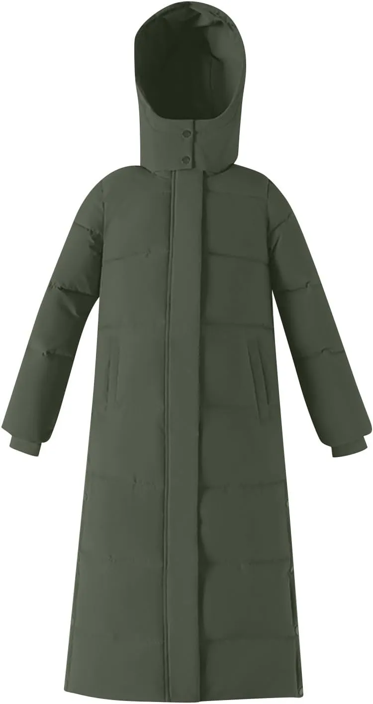 Women's Long Hooded Puffer Jacket Winter Warm Down Coats Cotton Padded Side Split Windbreaker Overcoat with Pockets