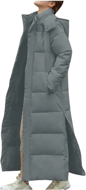 Women's Long Hooded Puffer Jacket Winter Warm Down Coats Cotton Padded Side Split Windbreaker Overcoat with Pockets