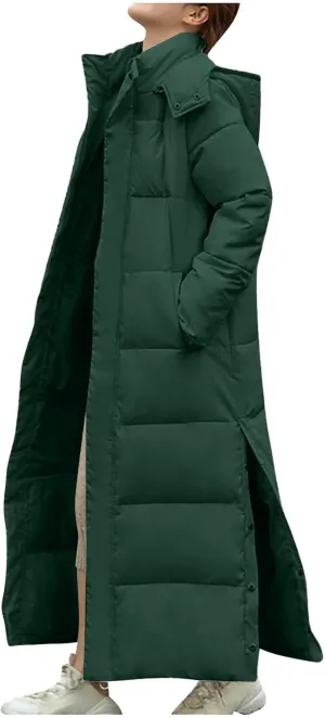 Women's Long Hooded Puffer Jacket Winter Warm Down Coats Cotton Padded Side Split Windbreaker Overcoat with Pockets