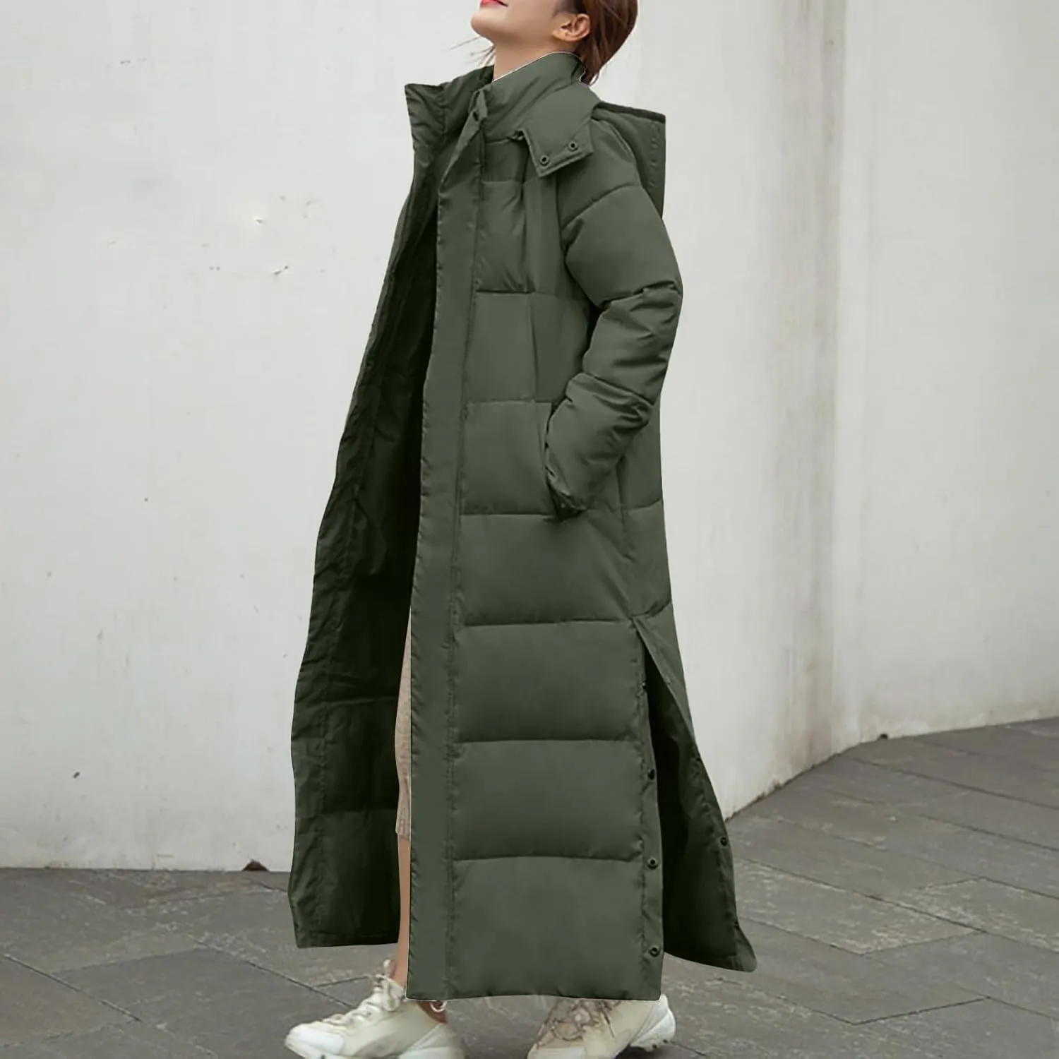 Women's Long Hooded Puffer Jacket Winter Warm Down Coats Cotton Padded Side Split Windbreaker Overcoat with Pockets