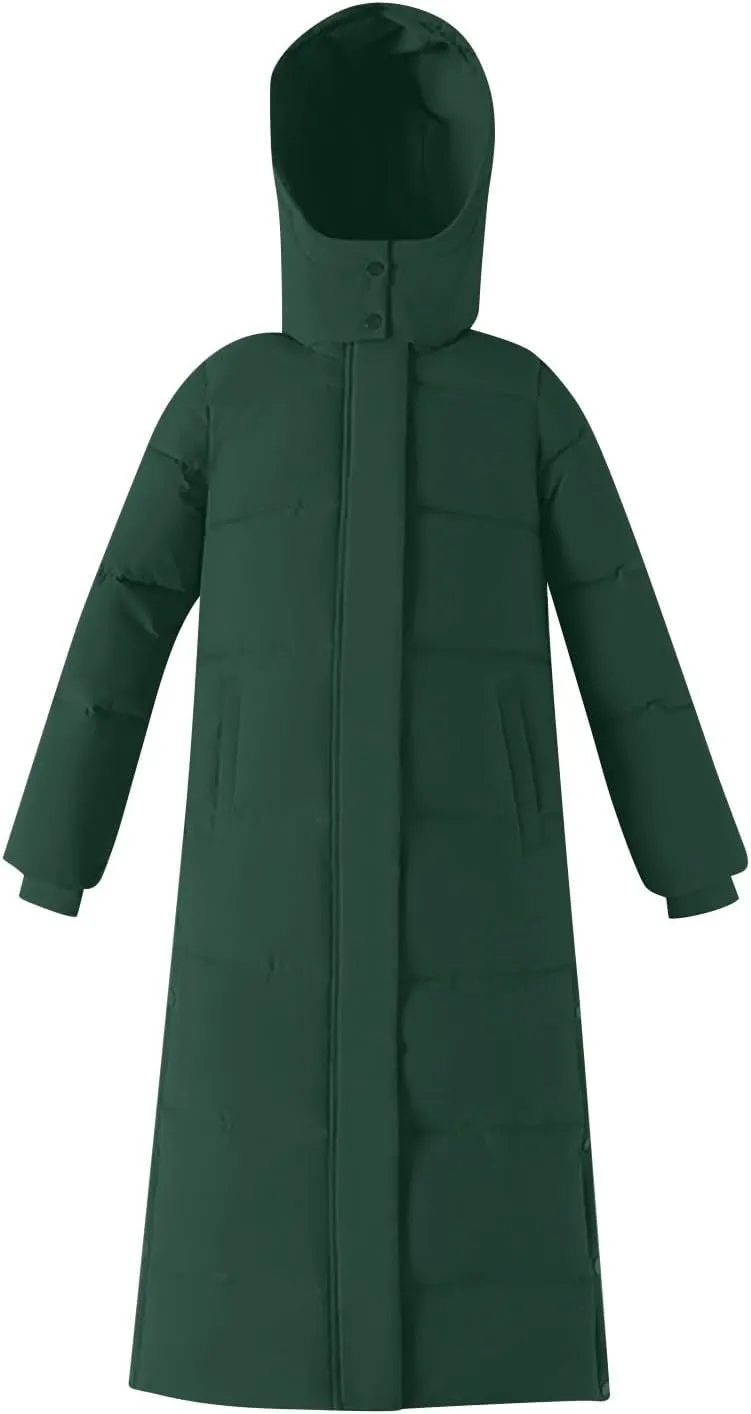 Women's Long Hooded Puffer Jacket Winter Warm Down Coats Cotton Padded Side Split Windbreaker Overcoat with Pockets