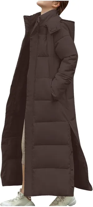 Women's Long Hooded Puffer Jacket Winter Warm Down Coats Cotton Padded Side Split Windbreaker Overcoat with Pockets