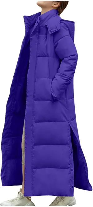 Women's Long Hooded Puffer Jacket Winter Warm Down Coats Cotton Padded Side Split Windbreaker Overcoat with Pockets