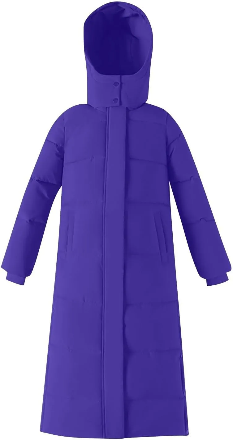 Women's Long Hooded Puffer Jacket Winter Warm Down Coats Cotton Padded Side Split Windbreaker Overcoat with Pockets