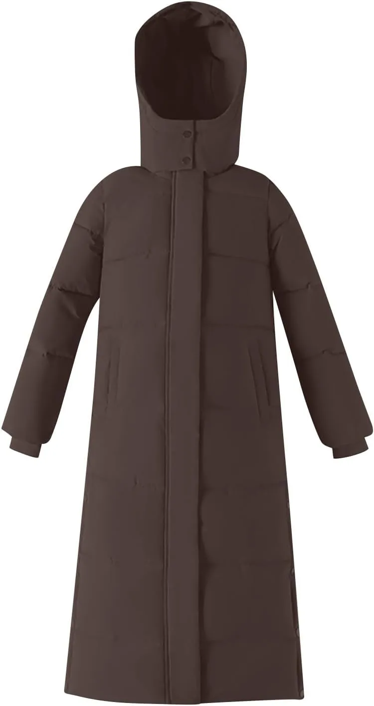 Women's Long Hooded Puffer Jacket Winter Warm Down Coats Cotton Padded Side Split Windbreaker Overcoat with Pockets