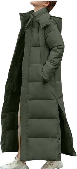 Women's Long Hooded Puffer Jacket Winter Warm Down Coats Cotton Padded Side Split Windbreaker Overcoat with Pockets