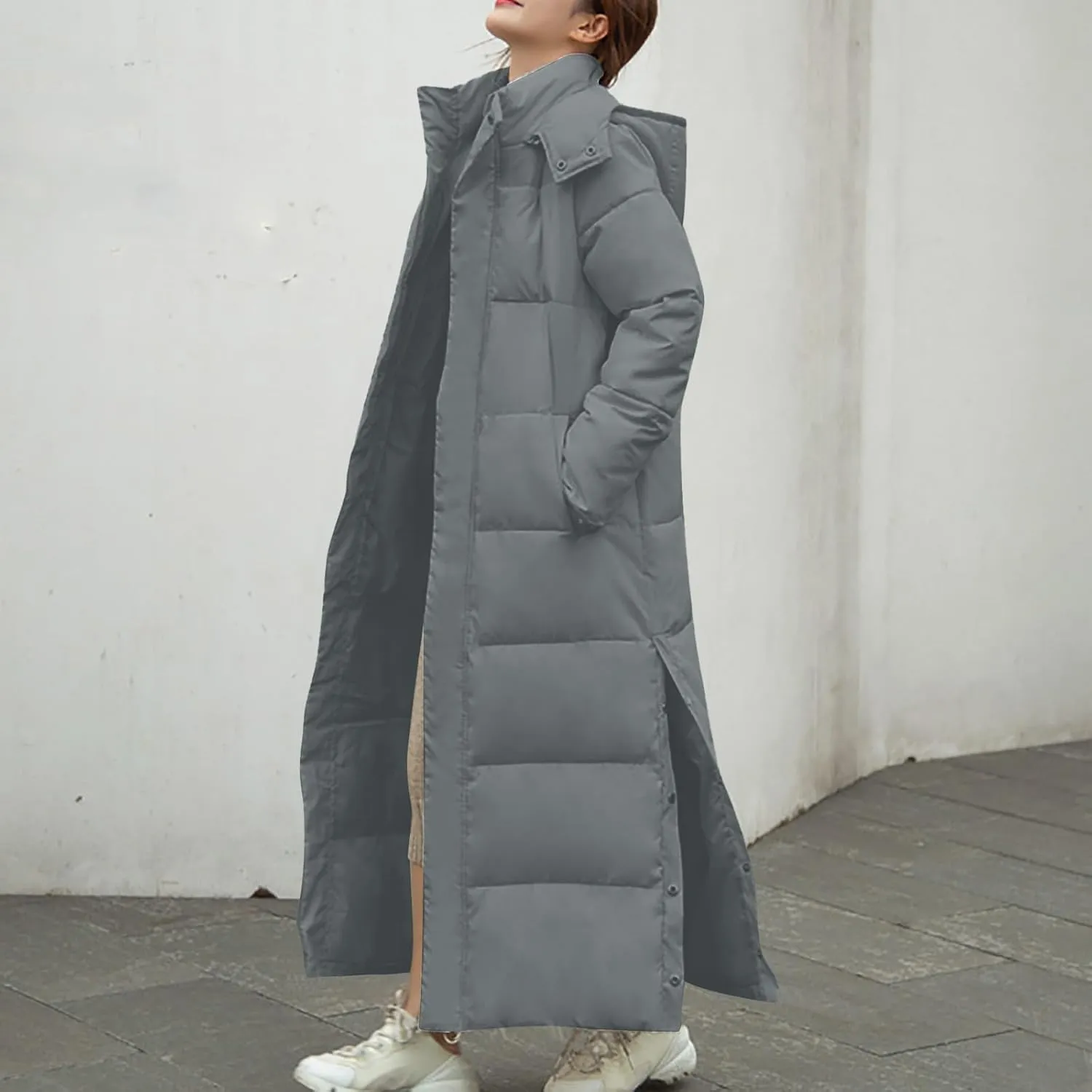 Women's Long Hooded Puffer Jacket Winter Warm Down Coats Cotton Padded Side Split Windbreaker Overcoat with Pockets