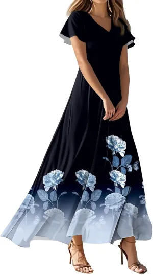 Women's Long Maxi Dresses Short Sleeve V-Neck Boho Floral Printed Swing Dress Cocktail Party Dresses