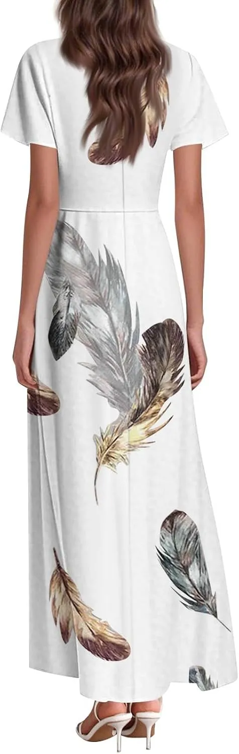 Women's Long Maxi Dresses Short Sleeve V-Neck Boho Floral Printed Swing Dress Cocktail Party Dresses
