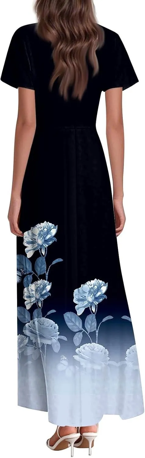 Women's Long Maxi Dresses Short Sleeve V-Neck Boho Floral Printed Swing Dress Cocktail Party Dresses