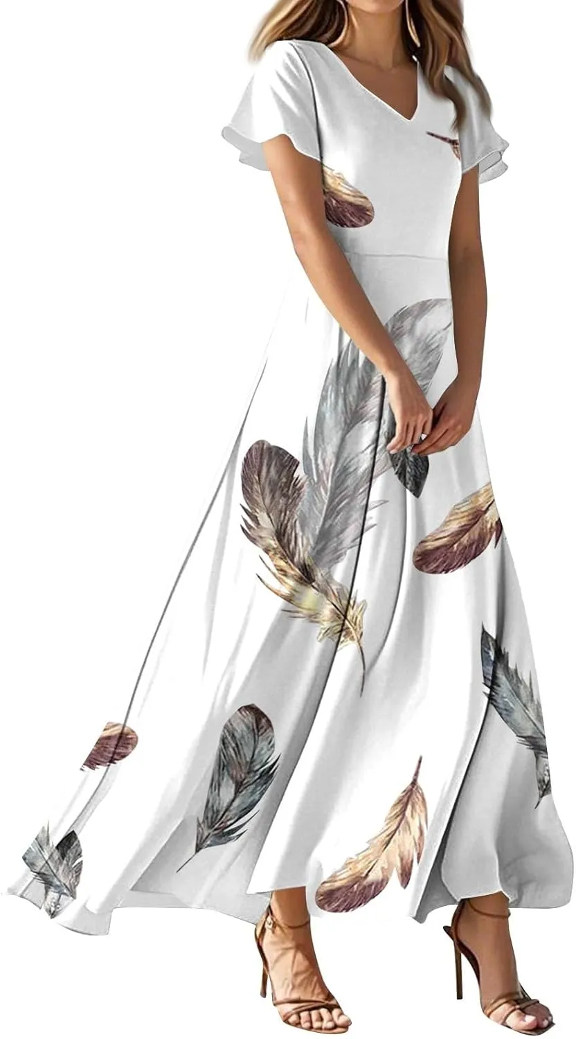 Women's Long Maxi Dresses Short Sleeve V-Neck Boho Floral Printed Swing Dress Cocktail Party Dresses