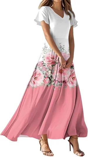 Women's Long Maxi Dresses Short Sleeve V-Neck Boho Floral Printed Swing Dress Cocktail Party Dresses