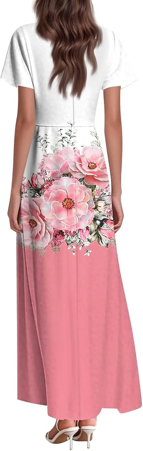 Women's Long Maxi Dresses Short Sleeve V-Neck Boho Floral Printed Swing Dress Cocktail Party Dresses