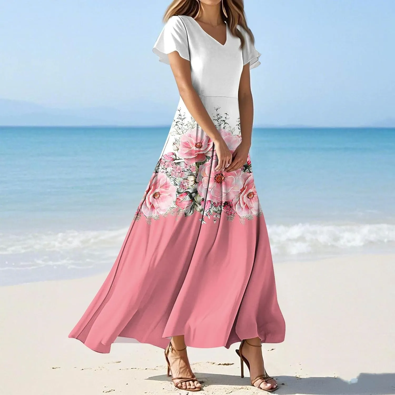 Women's Long Maxi Dresses Short Sleeve V-Neck Boho Floral Printed Swing Dress Cocktail Party Dresses