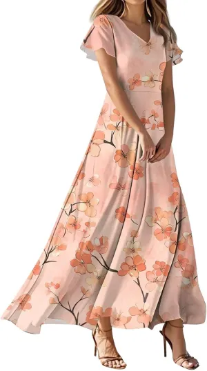 Women's Long Maxi Dresses Short Sleeve V-Neck Boho Floral Printed Swing Dress Cocktail Party Dresses