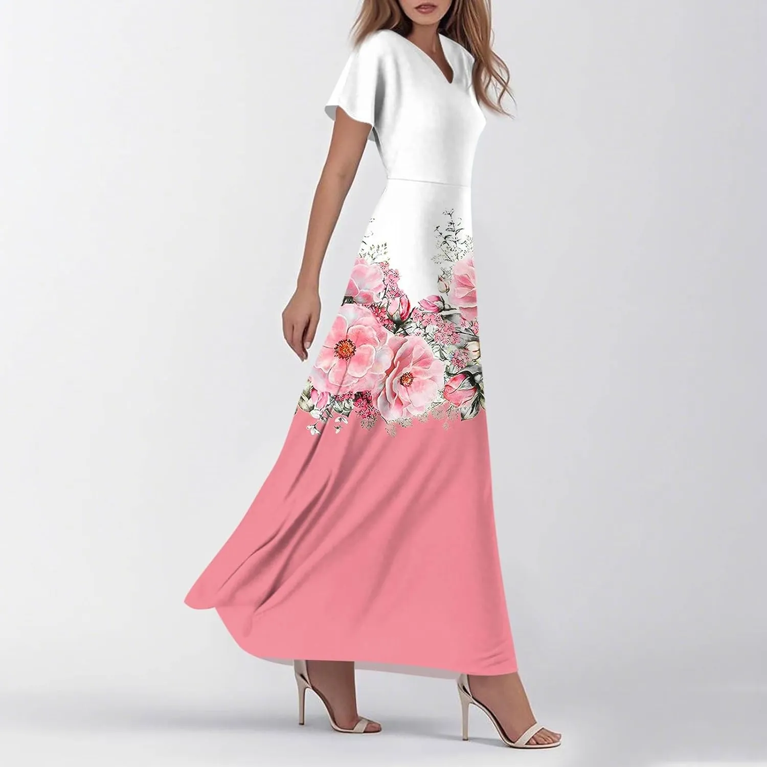 Women's Long Maxi Dresses Short Sleeve V-Neck Boho Floral Printed Swing Dress Cocktail Party Dresses