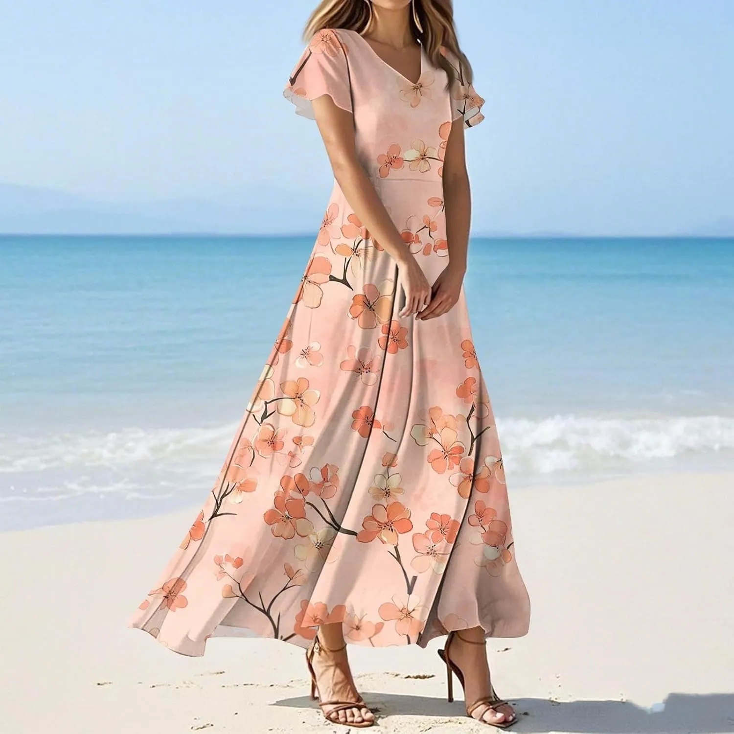 Women's Long Maxi Dresses Short Sleeve V-Neck Boho Floral Printed Swing Dress Cocktail Party Dresses
