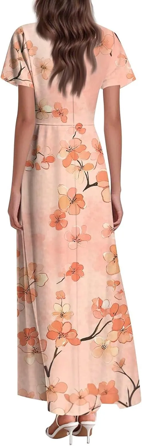 Women's Long Maxi Dresses Short Sleeve V-Neck Boho Floral Printed Swing Dress Cocktail Party Dresses