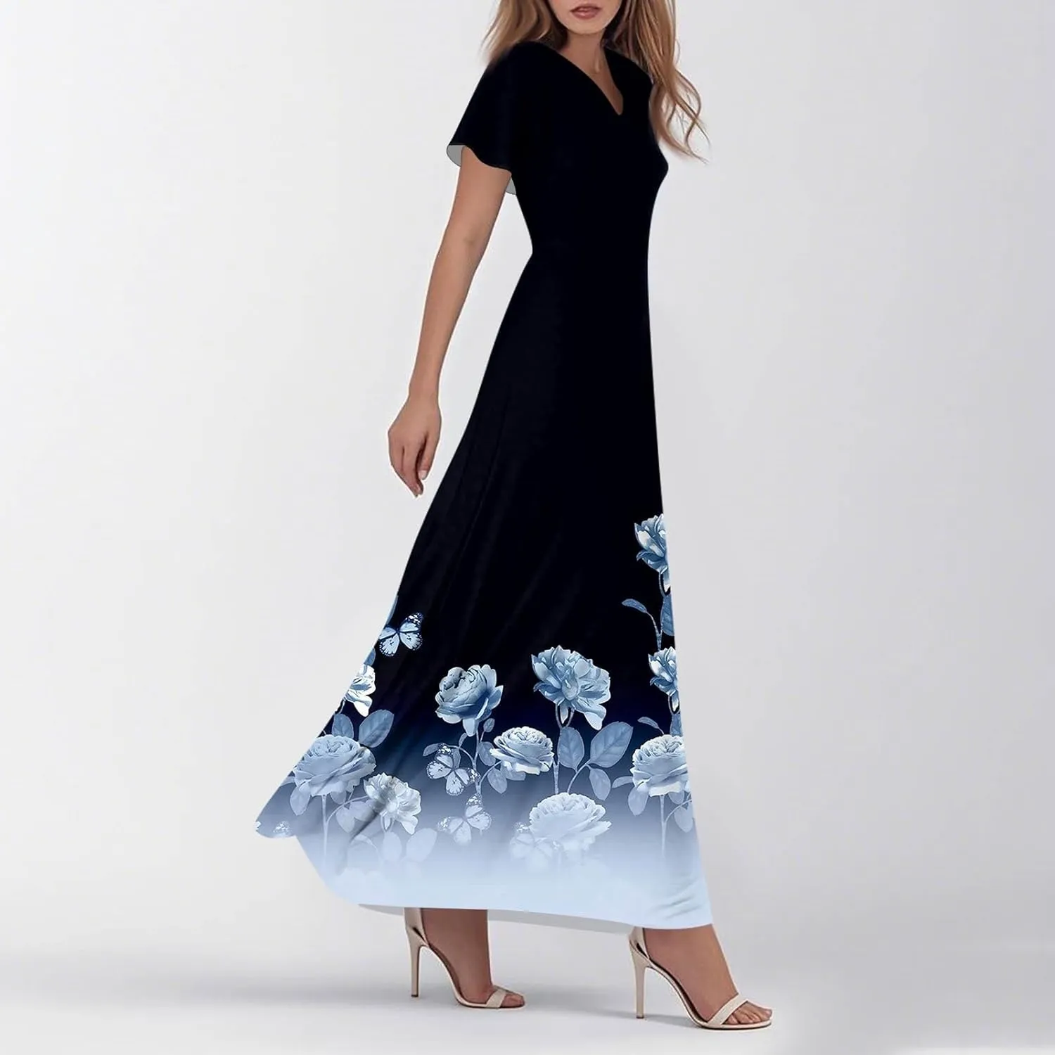 Women's Long Maxi Dresses Short Sleeve V-Neck Boho Floral Printed Swing Dress Cocktail Party Dresses