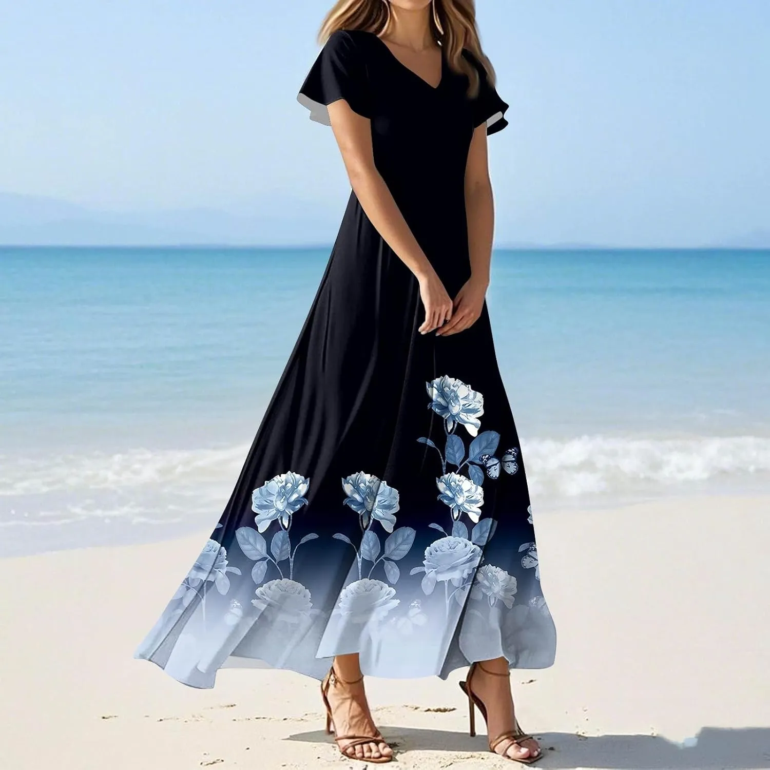 Women's Long Maxi Dresses Short Sleeve V-Neck Boho Floral Printed Swing Dress Cocktail Party Dresses