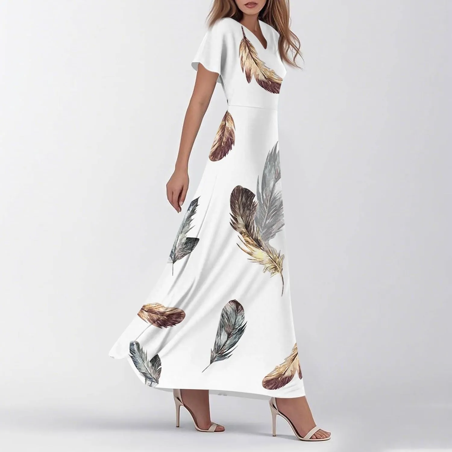 Women's Long Maxi Dresses Short Sleeve V-Neck Boho Floral Printed Swing Dress Cocktail Party Dresses