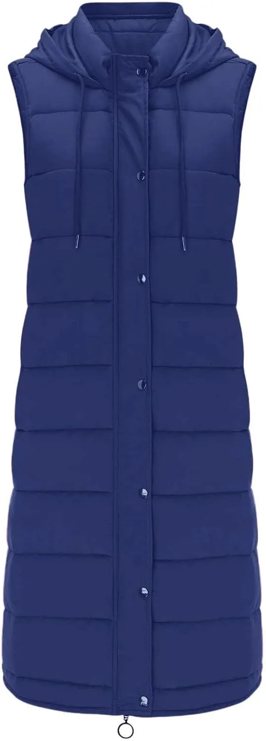 Womens Long Puffer Vest Sleeveless Quilted Hooded Down Coat Lightweight Oversized Jackets Fall Winter Warm Outerwear