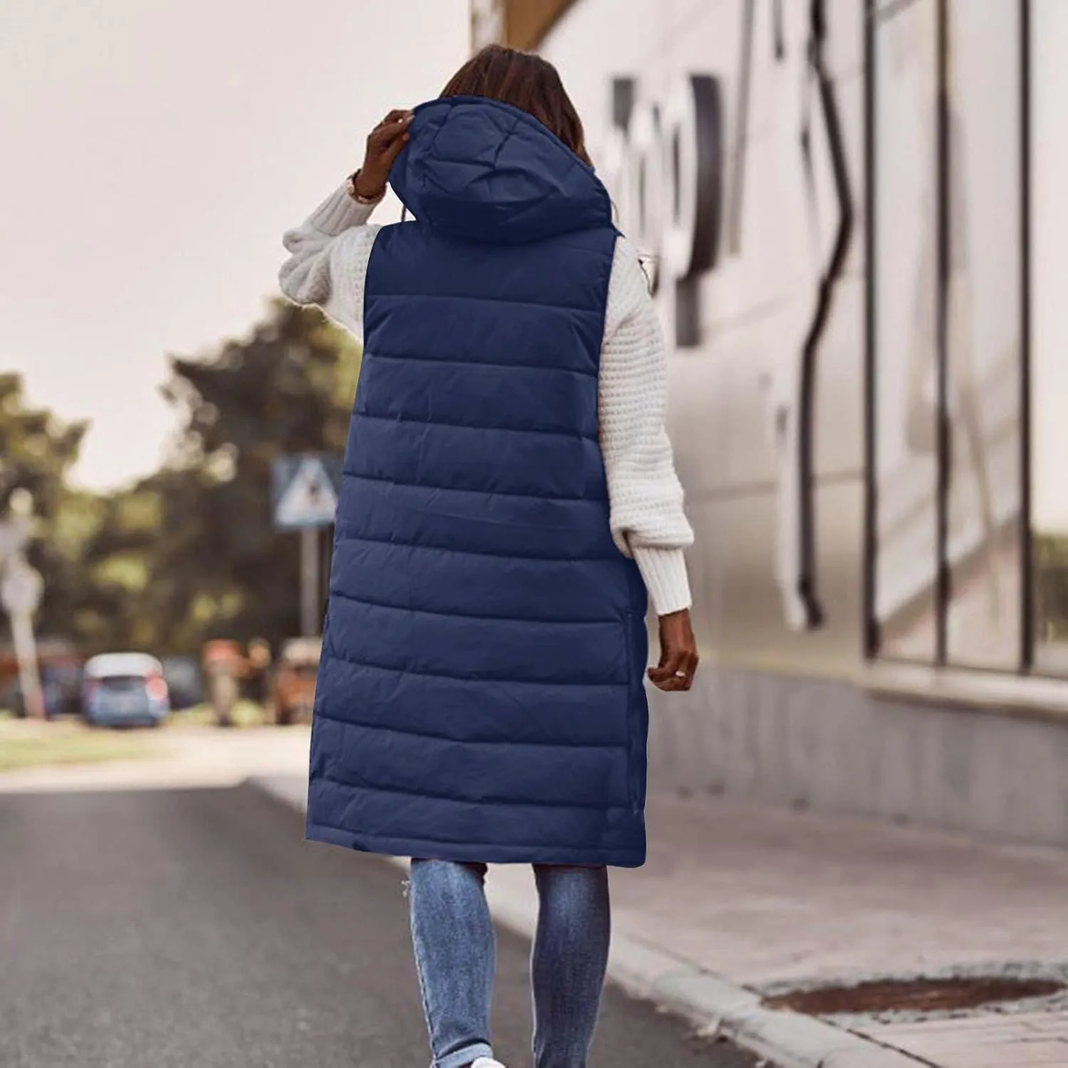 Womens Long Puffer Vest Sleeveless Quilted Hooded Down Coat Lightweight Oversized Jackets Fall Winter Warm Outerwear