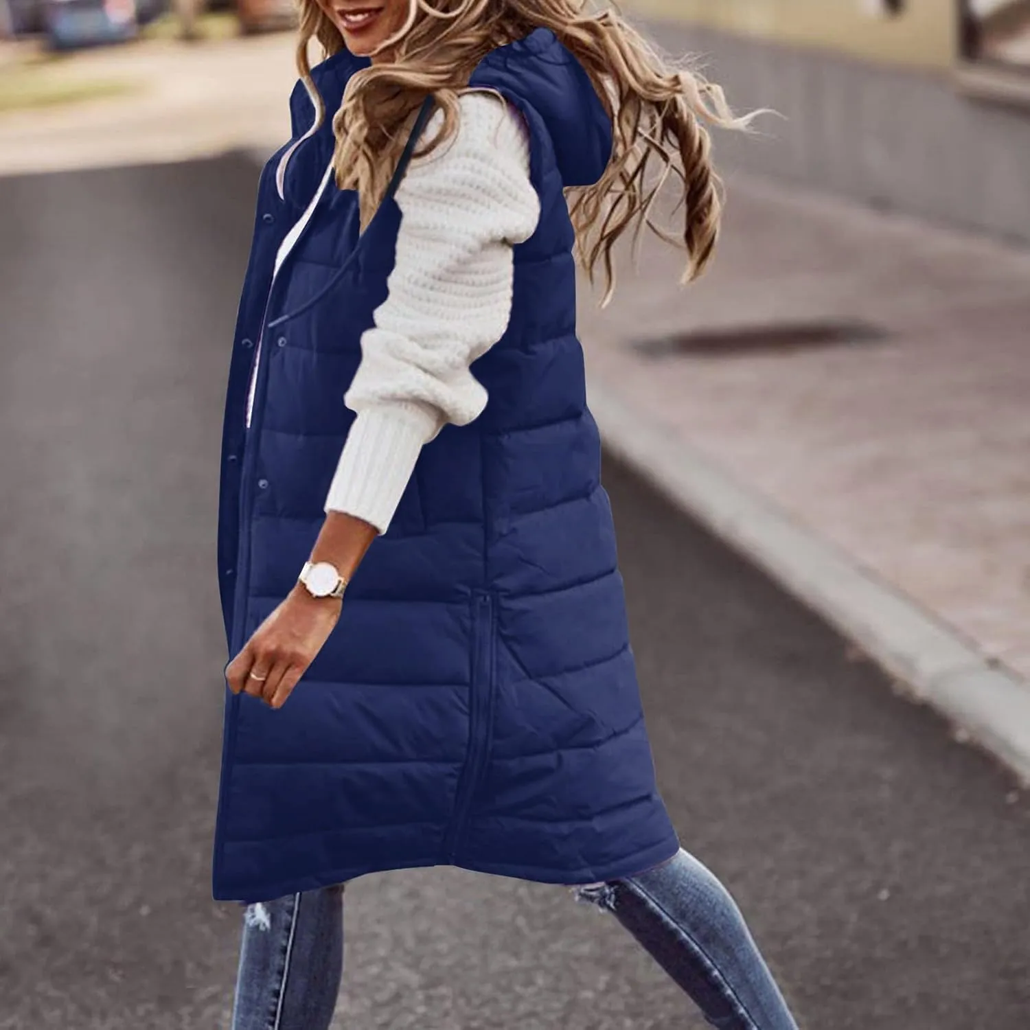 Womens Long Puffer Vest Sleeveless Quilted Hooded Down Coat Lightweight Oversized Jackets Fall Winter Warm Outerwear